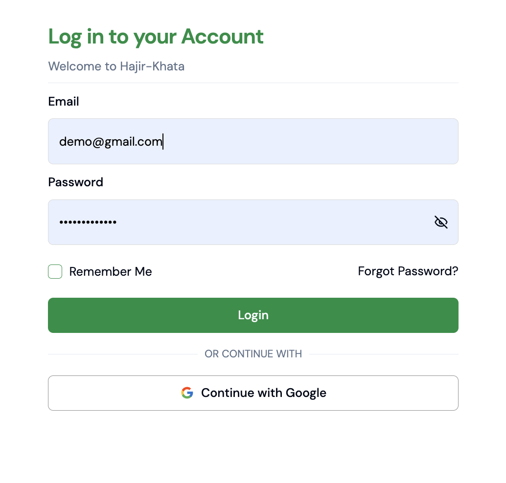 Hajir Khata web login form with email and password filled in